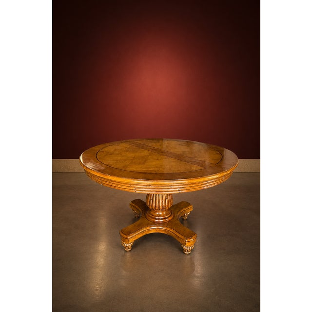 Hollywood Regency Vintage Burl Wood Round Pedestal Dining Table With Inlaid Top For Sale - Image 3 of 6