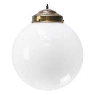 Large Vintage Pendant Light in White Opaline Glass Globe and Brass For Sale