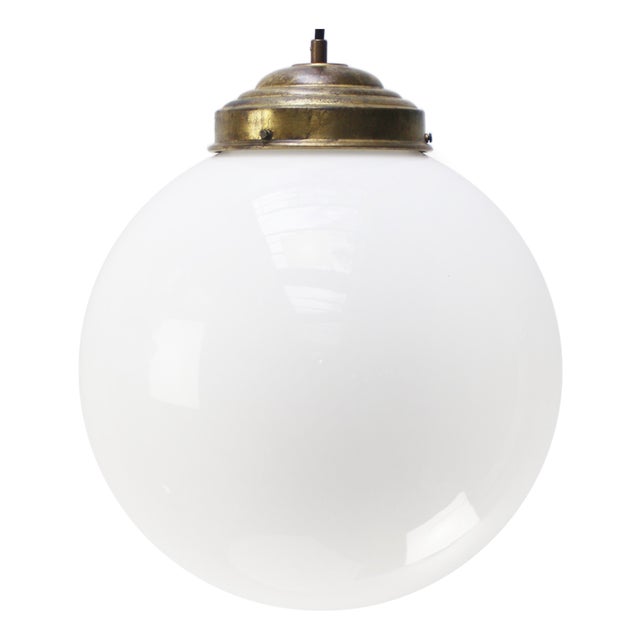 Large Vintage Pendant Light in White Opaline Glass Globe and Brass For Sale