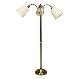 1970s Swedish Modern, Three Light Floor Lamp, Reeded Brass, Fabric, Sweden For Sale