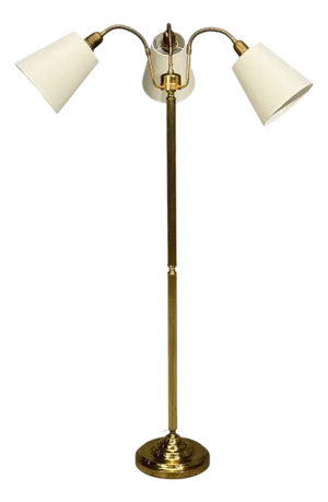 1970s Swedish Modern, Three Light Floor Lamp, Reeded Brass, Fabric, Sweden