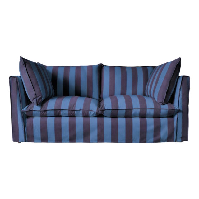 Sophie Conran Coco 2.5 Seater Sofa - Coastal Blue & Navy Blue Stripes with Knife Edge Cushion For Sale