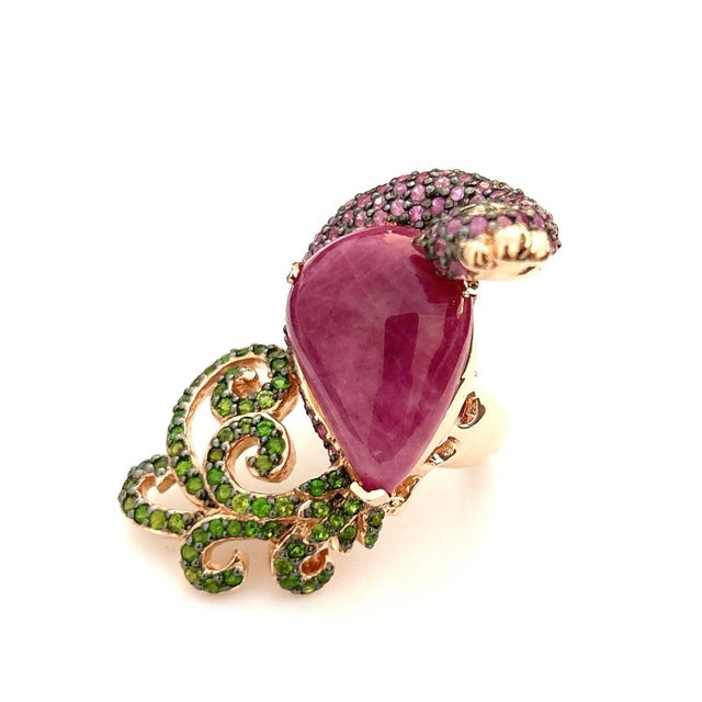 Gemstone Bochic "Orient" Vintage Emerald Ruby & Pink Sapphire Ring - 18K Gold & Silver For Sale - Image 7 of 18