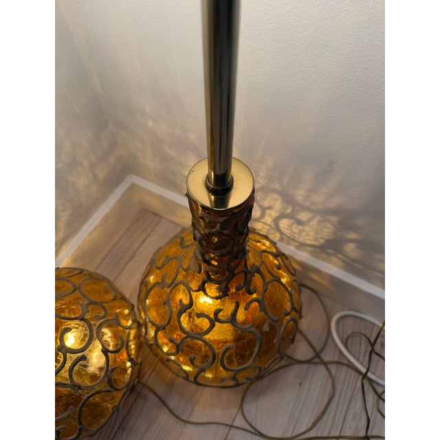 Metal 1960s Mid-Century Modern Amber Glass Genie Bottle Lamps With Brutalist Metal Overlay - Pair For Sale - Image 7 of 8