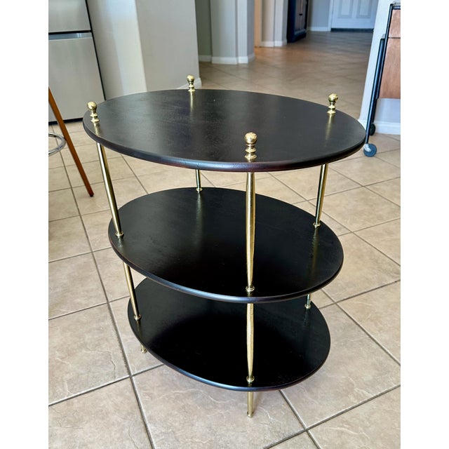 English Campaign Style Oval Wood & Brass 3-Tier Side Table For Sale In Palm Springs - Image 6 of 18