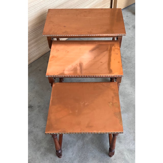 Brown Set of Three Spanish Walnut Nesting Tables With Copper Top For Sale - Image 8 of 8