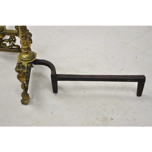 Metal Antique French Empire Style Flame Finial Brass and Cast Iron Andirons - A Pair For Sale - Image 7 of 10