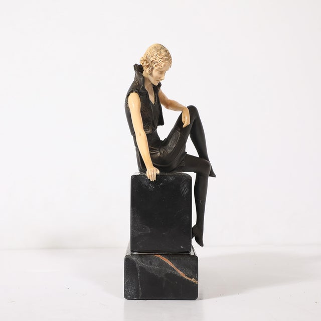 Art Deco Art Deco Flapper Girl Sculpture in Bronze & Resin on Rectilinear Marble Base For Sale - Image 3 of 13