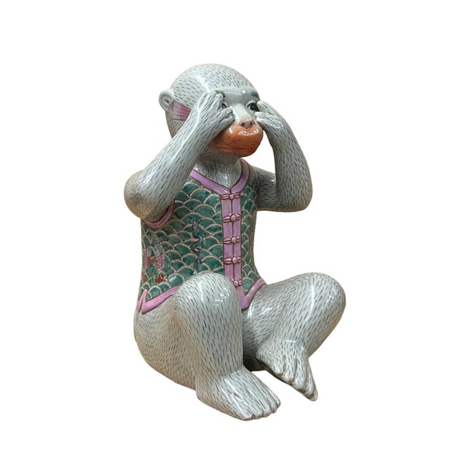 Set 3 Vintage Gray Green Dress No Evils Ceramic Art Monkey Figures For Sale - Image 14 of 14