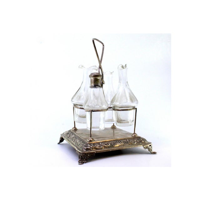 American Cruet Set with Silver Structure and Acid-Etched Glass Cruets and Salt Shaker, Set of 5 For Sale - Image 3 of 7