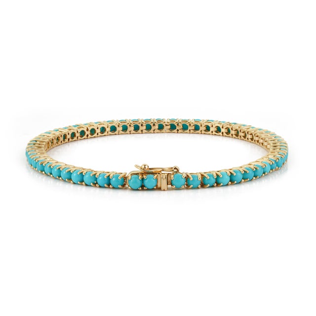 7.98ct Round Natural Turquoise Cabochon Tennis Bracelet in 14k Yellow Gold For Sale - Image 9 of 16
