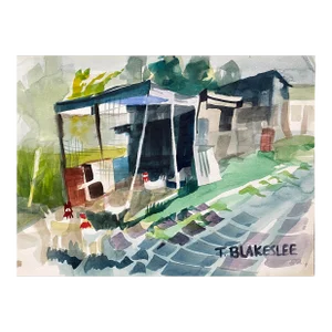1960s Tina Blakeslee Modern Farm Scene With Chickens