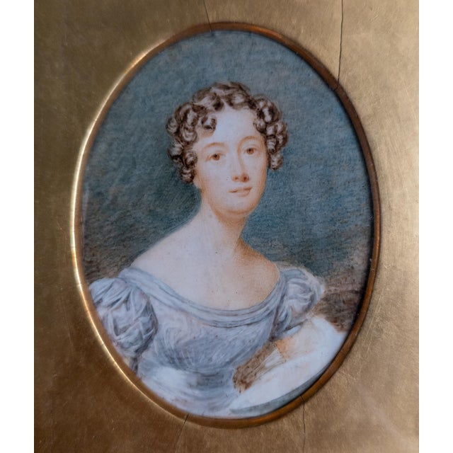 Gold 19th Century American School Miniature Watercolor Portrait of a Lady For Sale - Image 8 of 16