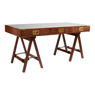 Vintage Charlotte Horstmann Campaign Style Sawhorse Leather Top Desk For Sale