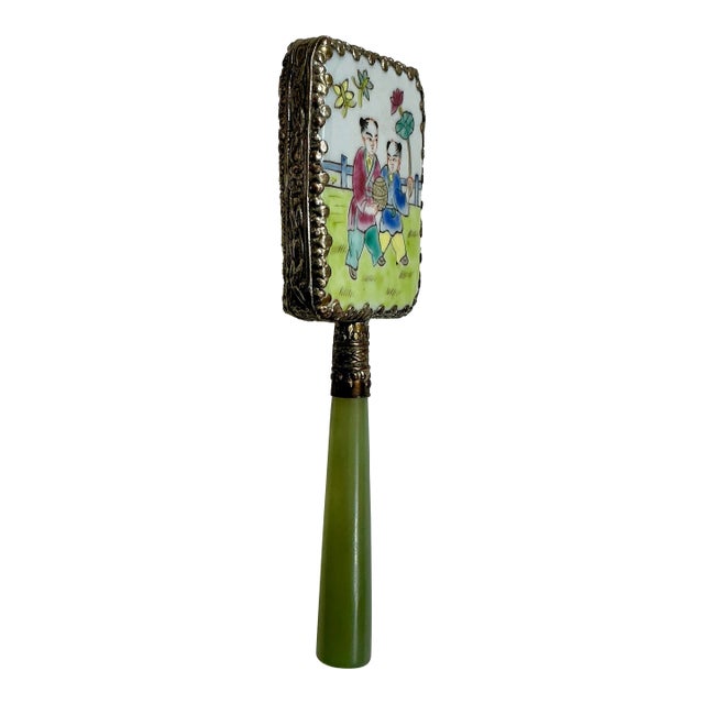Antique Chinese Porcelain Hand Mirror With Green Jade Handle – Children at Play For Sale