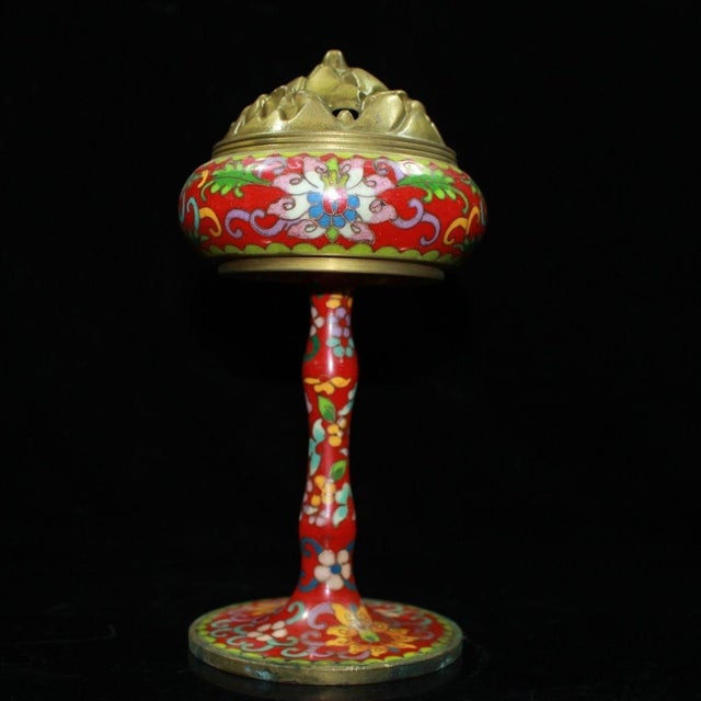 This is a finely crafted antique cloisonné enamel censer (incense burner), featuring a stemmed, pedestal form. The body is...
