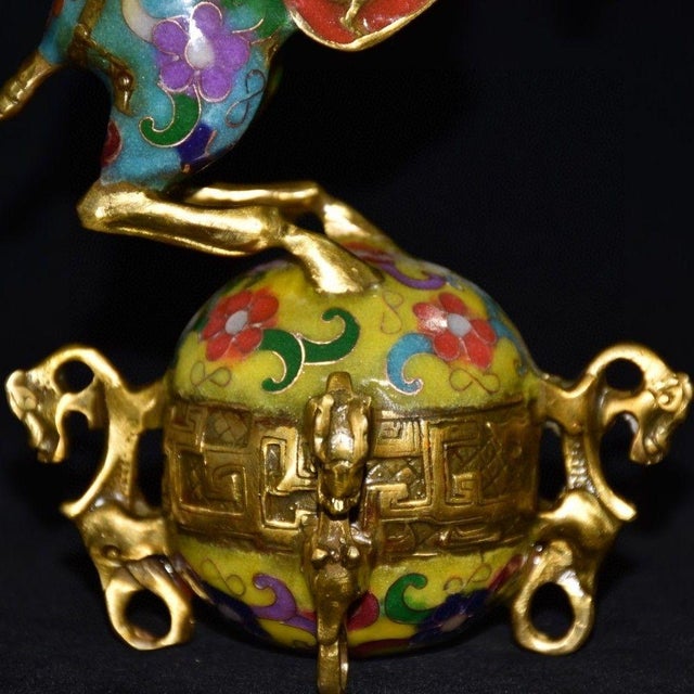 Yellow Vintage Cloisonne Enamel Horse on Ball - "Horse Treading the Universe" Figure For Sale - Image 8 of 9