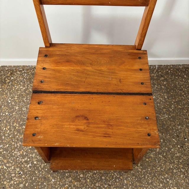 Tan Oak Wooden Library Ladder and Chair, Netherlands, 1930s For Sale - Image 8 of 10