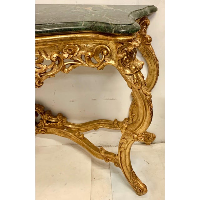 Large Scale Italian Louis XV Carved Giltwood Console Table W/ Verde Marble Top For Sale - Image 4 of 8