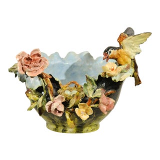 19th Century French Barbotine Covered Bowl with Bird and Bird Nest Décor For Sale