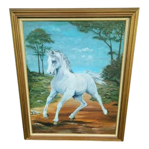Custom Painted Equestrian White Horse Canvas Framed Fine Wall Art