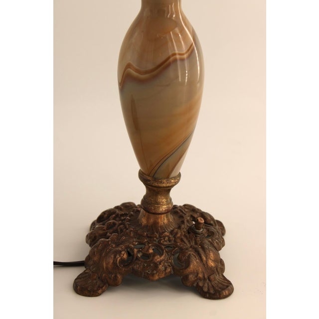 1930s Vintage Art Nouveau Blown Glass Table Lamp W/ Brass Base, Caramel Slag, Houze For Sale - Image 5 of 15