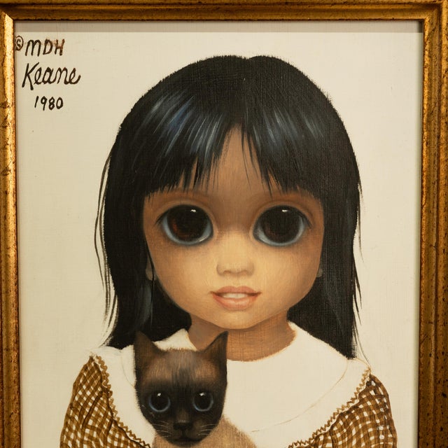 Authentic Oil Painting on Panel "Big Eyes" Beautiful Young Girl With Siamese Cat by Margaret Keane, 1980 For Sale - Image 12 of 14