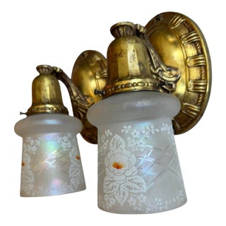 1920s Victorian Wheel Cut Etched Flower Wall Sconces on Original Brass Holders - Pair For Sale