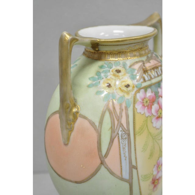 Antique Nippon Art Nouveau Hand Painted Porcelain Pink Flower Twin Handle Vase For Sale In Philadelphia - Image 6 of 14
