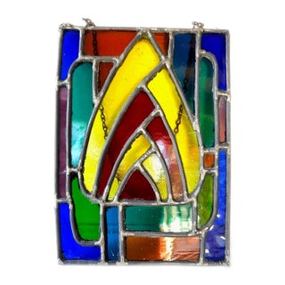 Vintage Leaded Stained Glass Window Panel Art Deco Style Geometric Hanging For Sale