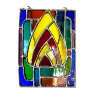 Vintage Leaded Stained Glass Window Panel Art Deco Style Geometric Hanging