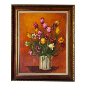 1960s Vintage Delliers “Tulips” Still Life Oil Painting on Canvas, Framed