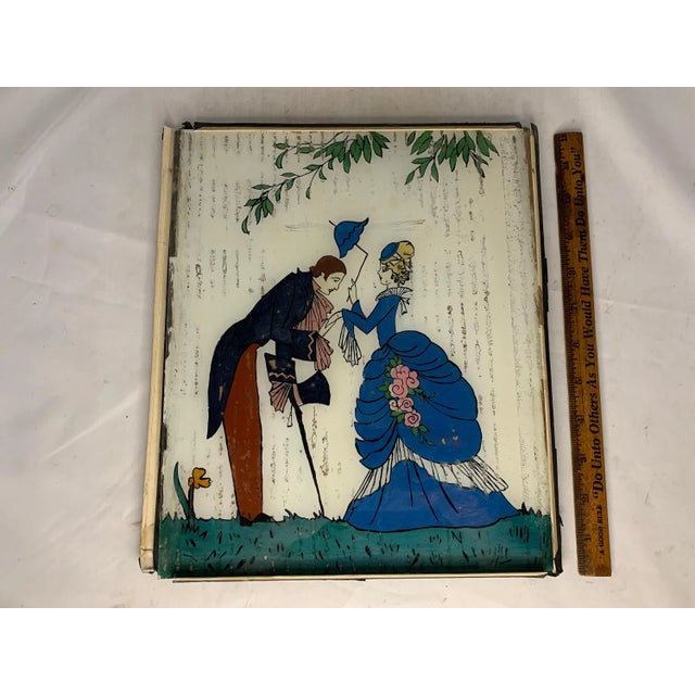 Early 20th Century Art Deco Reverse Painted Glass Courting Scene: Victorian Picture For Sale - Image 9 of 9