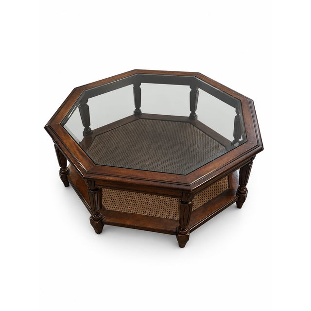 Wood Vintage Hexagonal Wood, Smoked Glass and Cane Coffee Table For Sale - Image 7 of 10