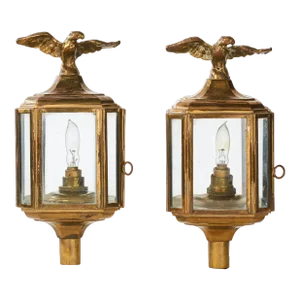 Pair of Small Antique Brass and Glass Paneled Post Lamps With Spread Eagle Design