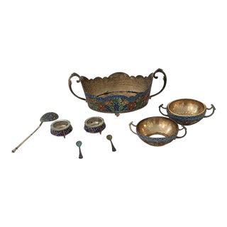 Silver Enameled Serving Bowl & Utensils -Set of 3 For Sale