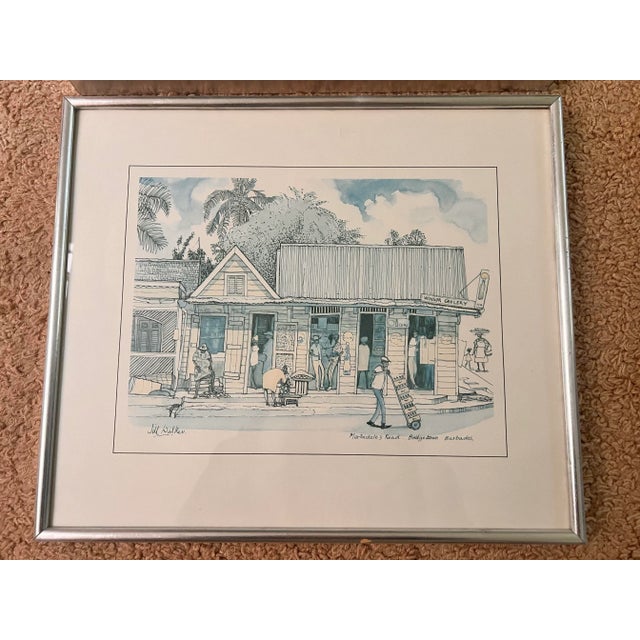 Cornflower Blue Jill Walker Barbados Prints – Set of 3 Framed Caribbean Street Scenes (17x14.5”) Speightstown, Bridgetown For Sale - Image 8 of 12