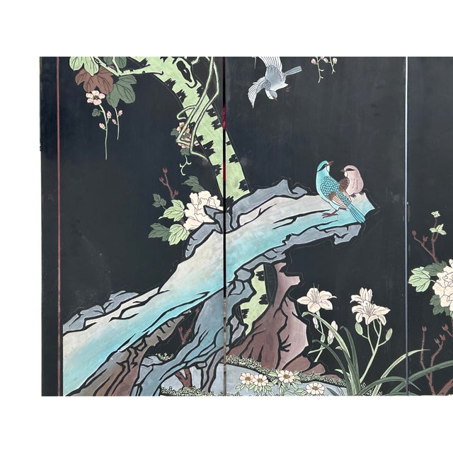 Chinese Black Base Color Flower Birds Graphic Floor Screen Divider For Sale In San Francisco - Image 6 of 16