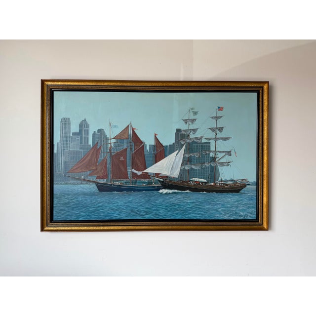 Mid-Century Modern Large- 1980’s Diane Kenny Maritime City Skyline Painting, Framed For Sale - Image 3 of 12