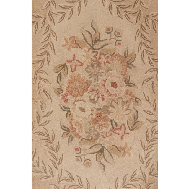 Transitional Antique Hand Hooked Medallion Cream Pink and Beige Wool Floral Rug For Sale - Image 3 of 8