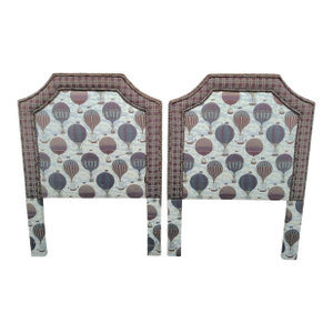 Custom Made Twin Size Upholstered Hot Air Balloon Plaid Studded Headboards- A Pair