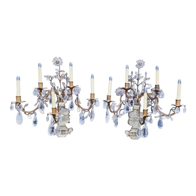 1930's Monumental Regency Maison Bagues Rock Crystal 5 Light Floral Wall Sconces a - Pair For Sale - Image 9 of 12