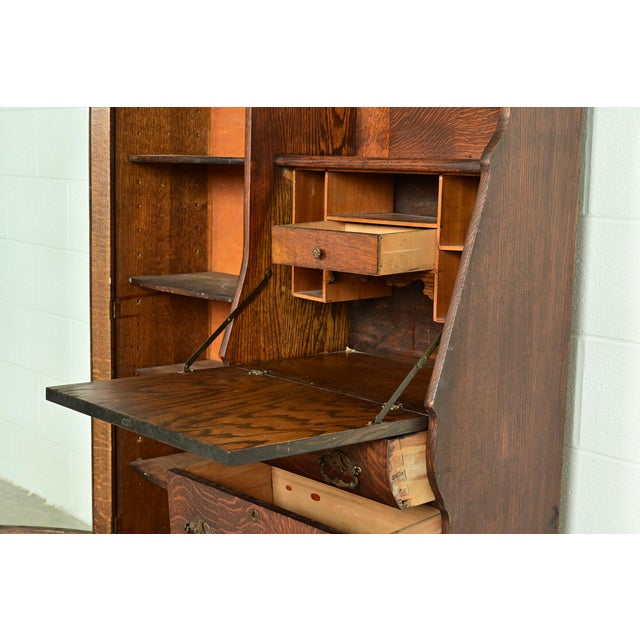 Wood Early Baker Furniture Antique Victorian Carved Tiger Oak Side-by-Side Bookcase With Drop Front Secretary Desk, Circa 1900 For Sale - Image 7 of 17