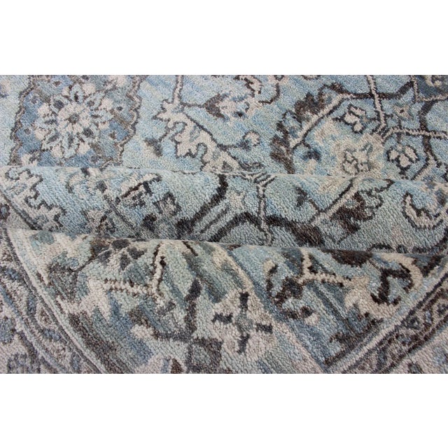 Modern Hand-Knotted Oushak Rug With Geometric Design in Blues and Browns For Sale - Image 10 of 12