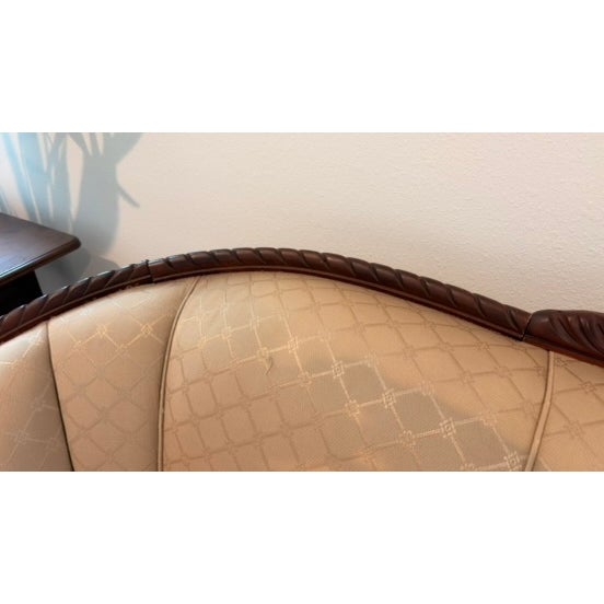 Wood Vintage Art Deco Barrel-Back Sofa & Matching Chair Set – Professionally Restored For Sale - Image 7 of 18