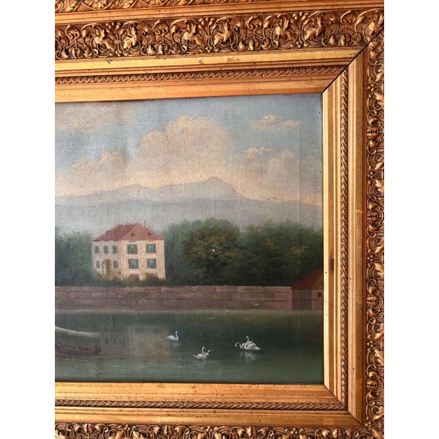 European School, Lakeside Villa with Swans, 1890s, Oil on Canvas, Framed For Sale - Image 8 of 12