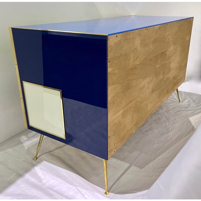 Italian Mondrian Style Blue Green White Brown Modern Brass Dresser/Chest For Sale - Image 11 of 17