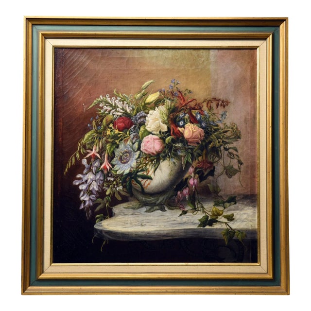 Fine 19th Century Oil on Canvas Painting Floral Still Life Flowers on a Ledge For Sale