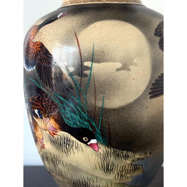 Large Japanese Ceramic Vase with Flying Autunm Geese by Kinkozan Studio For Sale - Image 10 of 17