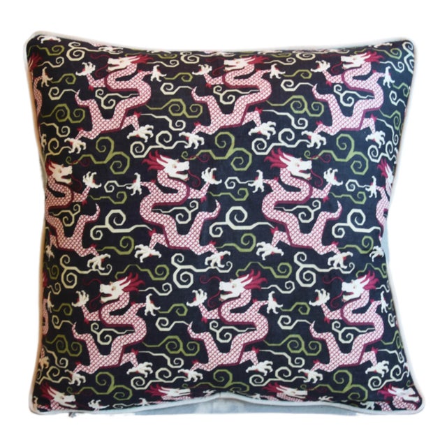 Custom-tailored chinoiserie pillow in Schumacher's linen & cotton blended fabric called "Bixi Dragons" depicting a...